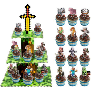 B0GCHXMJBY.jpg Pixel Minecraft Cupcake Stand with 24 Toppers for Parties