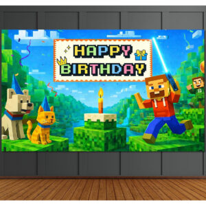 B0F79DFVSL.jpg Minecraft Pixel Happy Birthday Backdrop for Gaming Parties
