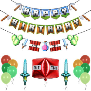 B0DZQB3QYB.jpg Pixel Video Game Birthday Party Decorations Kit with Banner