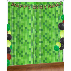 B0F91GD1Q3.jpg Green Pixel Miner Foil Fringe Curtains for Gamer Party Decor