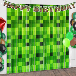 B0FHZNXH52.jpg Green Foil Fringe Curtains for Minecraft Gaming Birthday Party