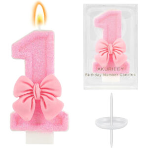 B0F42K85MR.jpg Pink Number 1 Birthday Candle Bow Cake Topper for Parties