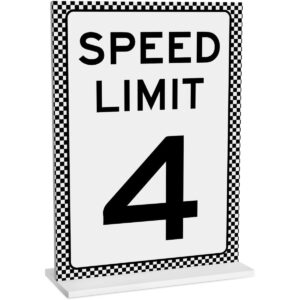 B0GCM4NHV9.jpg Race Car Birthday Table Sign: Speed Limit 4 Acrylic Decor