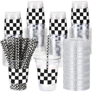 B0CP3SSR6K.jpg Checkered Plastic Cups 16 oz with Lids for Racing Party Drinks