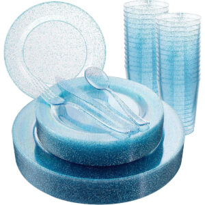 B0CZN9JB4Z.jpg 180-Piece Blue Glitter Disposable Dinnerware Set for Parties