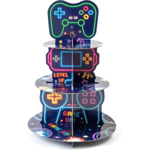 B0F23FQ8QY.jpg 3-Tier Neon Video Game Cupcake Stand for Gaming Birthday Parties