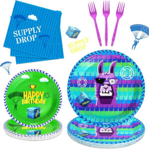 B0CZ91C8L7.jpg 64-Piece Video Game Llama Party Tableware Set for Birthdays