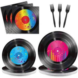 B0C73M9PQF.jpg 96-Piece 50s Retro Record Party Tableware Set for 24 Guests