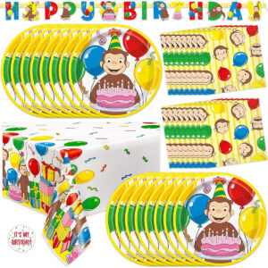 B0CSQMK157.jpg Curious George Birthday Party Supplies Set for 16 Guests