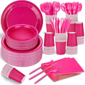 B0BQZWF4YX.jpg 228-Piece Hot Pink Barbie-Themed Disposable Party Dinnerware Set