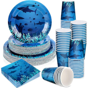 B0CCDM3Y5F.jpg Shark Birthday Party Supplies: 200-Piece Tableware Set