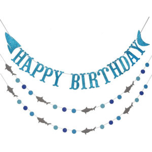 B07YV1J8TL.jpg Shark Happy Birthday Banner and Garland for Ocean Theme Party