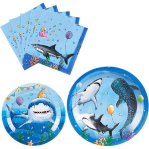 B0BZD4YCD9.jpg Shark Birthday Party Tableware Set for 16 Guests
