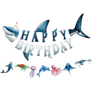 B0F2TBHYWD.jpg Shark Happy Birthday Banner and Ocean Party Decorations