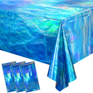 B0CV33D9F1.jpg Iridescent Wave Tablecloths for Shark Themed Party Decorations