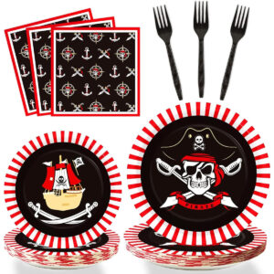 B0BHSWYHNM.jpg 96pc Pirate Birthday Tableware Set for Party Table Settings