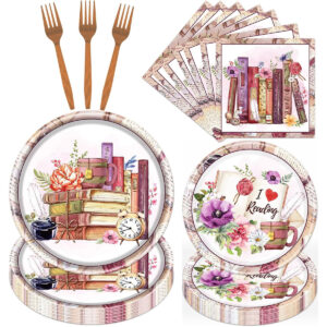 B0DKMWYFDQ.jpg Book Themed Party Tableware Set: 96-Piece Library Decor Kit