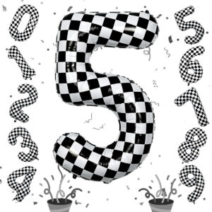 B0CLLSZY4C.jpg 40-Inch Checkered Number 5 Balloon for Race Car Birthday Decor