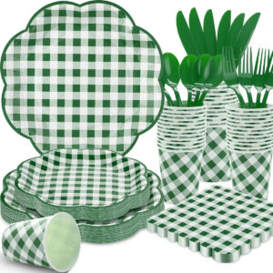 B0D9K2ZC88.jpg Green Gingham Party Supplies Set for Golf Themed Table Decor