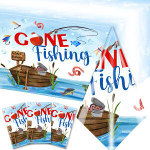 B0C18KYHZY.jpg Gone Fishing Tablecloth Set for Fisherman Themed Party Decor