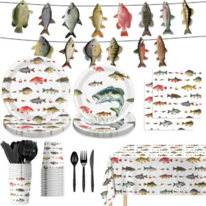 B0D41WFMXB.jpg 170PCS Fishing Birthday Party Tableware and Decor Set