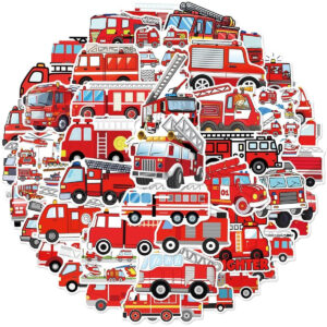 B0FP19X4XJ.jpg 100-Piece Firetruck Vinyl Sticker Set for Firefighter Parties