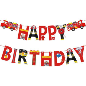 B0B42Y2XJR.jpg Fire Truck Happy Birthday Banner for Firefighter Party Decor