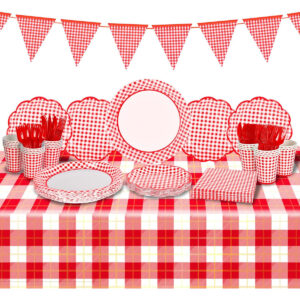 B088T3JX8H.jpg Gingham Farm Party Supplies Set for 25 Guests, Red and White