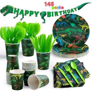 B0B3SDTZ4R.jpg 145-Piece Dinosaur Birthday Party Tableware Set for Kids