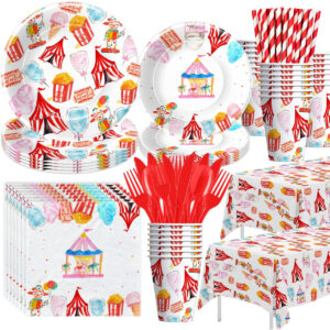 B0B4FTPV6J.jpg Circus Theme Party Tableware Set for 24 Guests