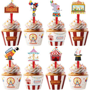 B0FBR6RFS8.jpg Circus Carnival Cupcake Toppers and Wrappers 48-Pack Set