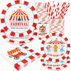 B0BPDZT6JF.jpg Carnival Circus Party Supplies: 120-Piece Tableware Set for 24
