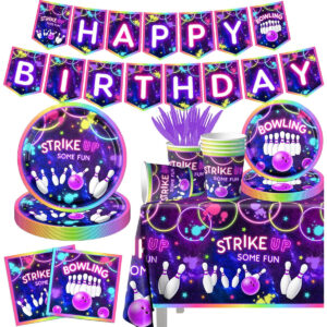 B0CBVH7SZ2.jpg Bowling Birthday Party Tableware Set: 142-Piece Neon Decor
