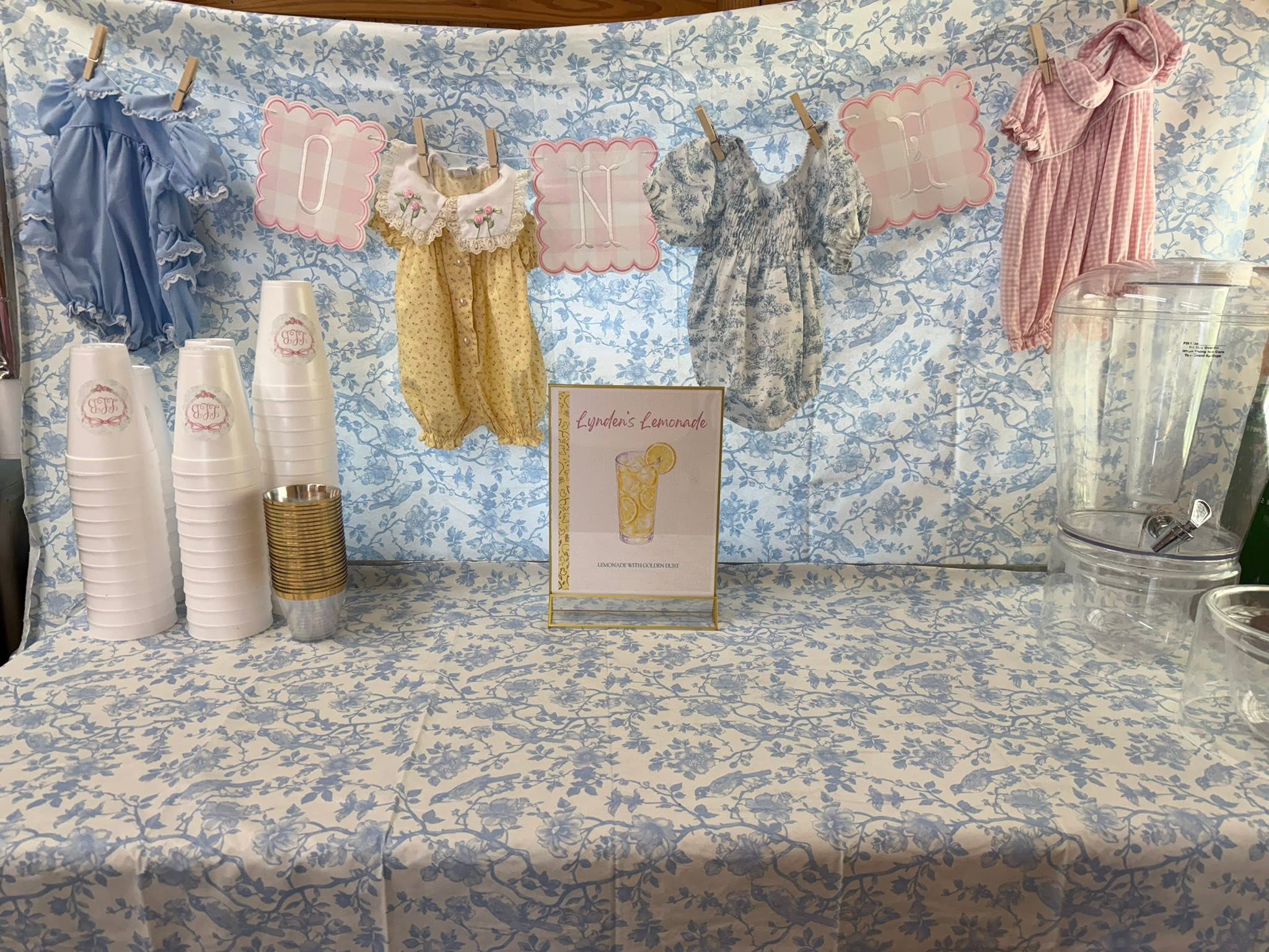 Table setup for Lynden's first birthday featuring baby clothes drying on a line, custom lemonade sign, and cups.