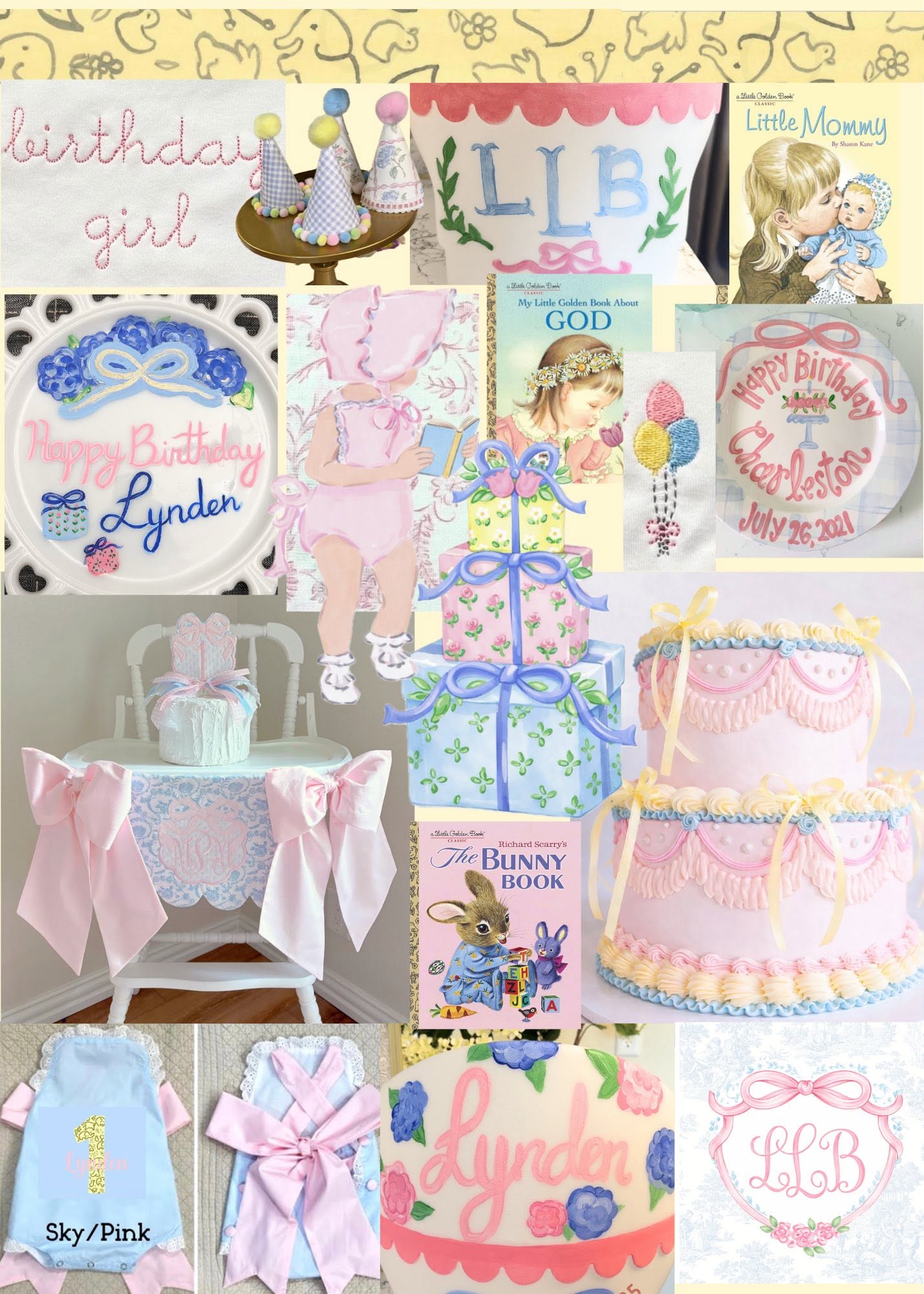 Collage of custom embroidered and hand-painted birthday party items, including cakes, apparel, and books.