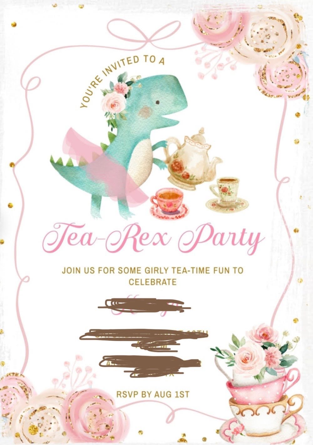 Tea-Rex Party invitation featuring a cute dinosaur in a floral crown and tutu with teacups and pink flowers.