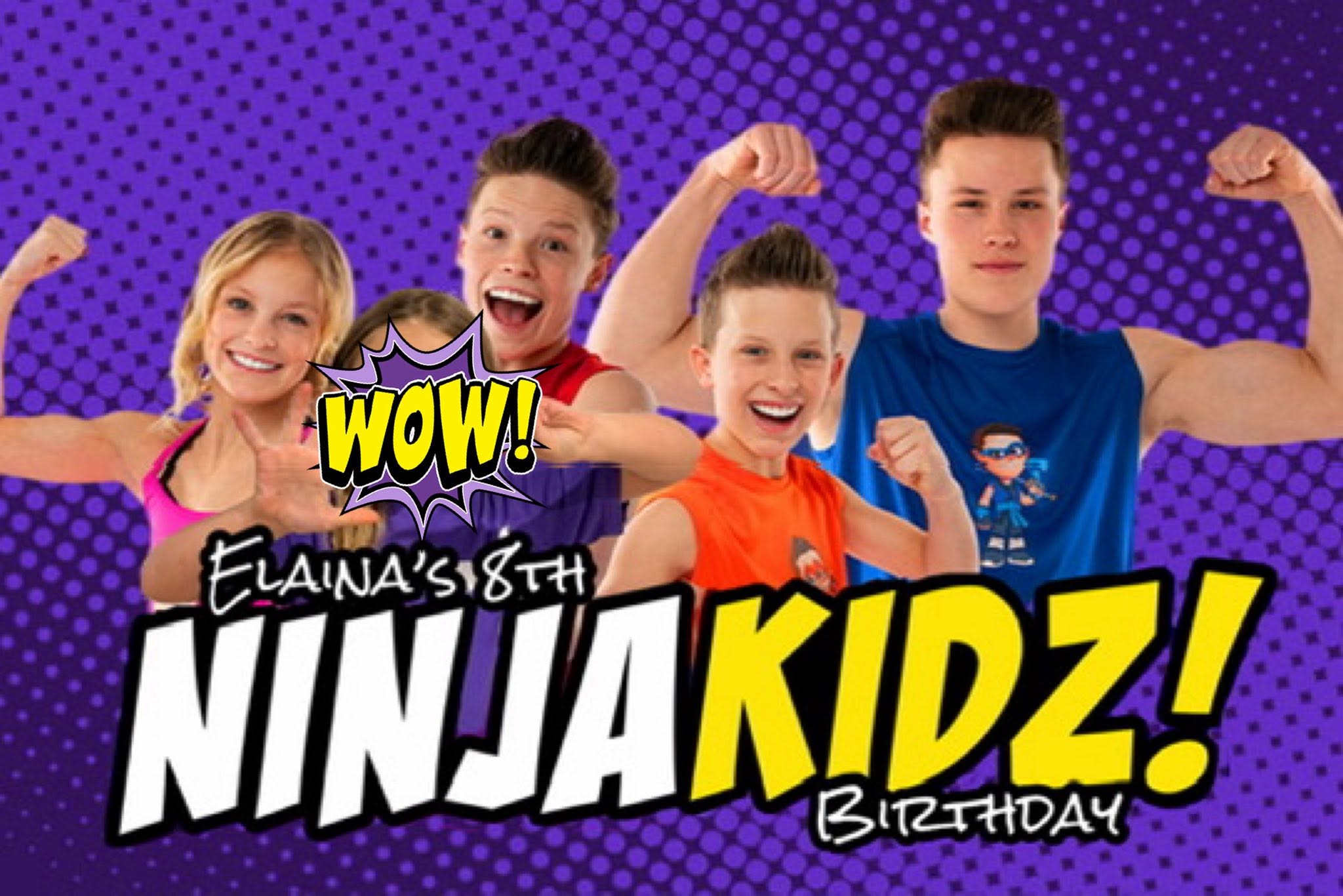 Ninja Kidz themed birthday invitation banner for Elaina's 18th birthday featuring the cast.