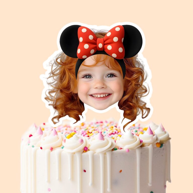 Custom Mouse-Ear Portrait Face Cutout – Cake Topper Custom Mouse-Ear Portrait Face Cutout shown on a cake topper mockup