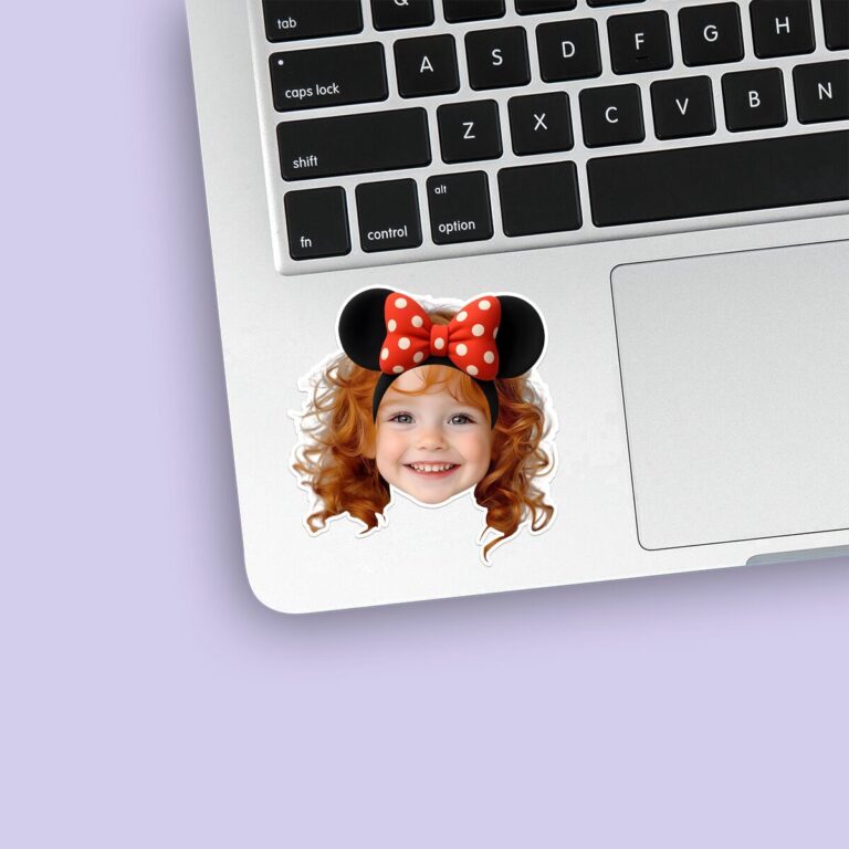Custom Mouse-Ear Portrait Face Cutout – Sticker Custom Mouse-Ear Portrait Face Cutout shown on a sticker mockup