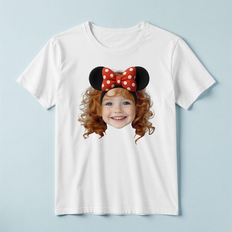 Custom Mouse-Ear Portrait Face Cutout – T-shirt Custom Mouse-Ear Portrait Face Cutout shown on a T-shirt mockup