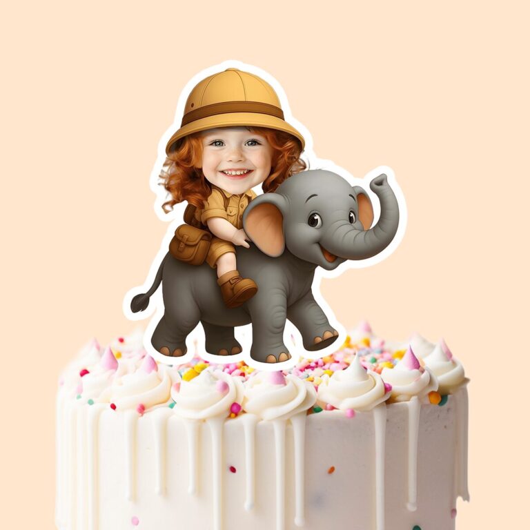 Custom Elephant Safari Tan Safari Shirt Face Cutout – Cake Topper Custom Elephant Safari Tan Safari Shirt Face Cutout shown on a cake topper mockup