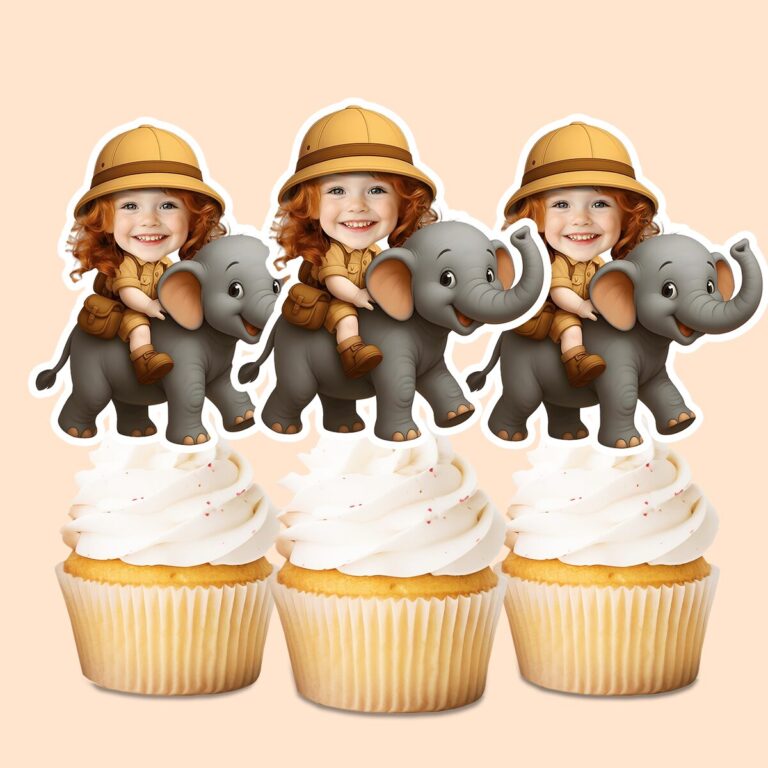 Custom Elephant Safari Tan Safari Shirt Face Cutout – Cupcake Topper Custom Elephant Safari Tan Safari Shirt Face Cutout shown on a cupcake topper mockup
