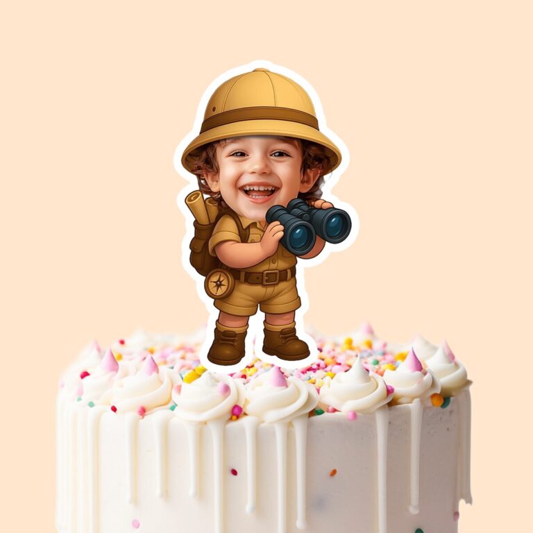 Custom Binoculars Safari Belted Safari Romper Face Cutout – Cake Topper Custom Binoculars Safari Belted Safari Romper Face Cutout shown on a cake topper mockup