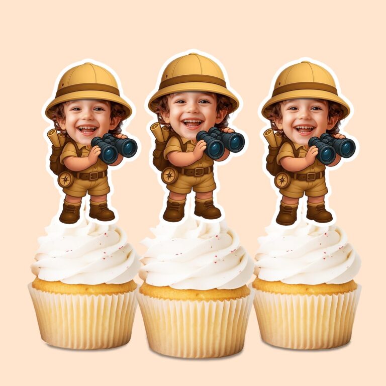 Custom Binoculars Safari Belted Safari Romper Face Cutout – Cupcake Topper Custom Binoculars Safari Belted Safari Romper Face Cutout shown on a cupcake topper mockup