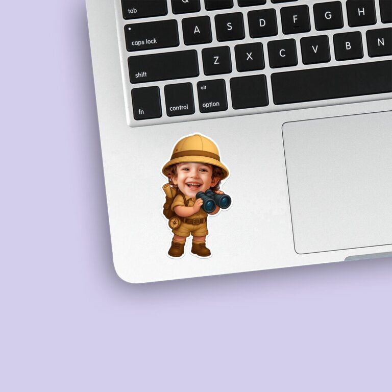 Custom Binoculars Safari Belted Safari Romper Face Cutout – Sticker Custom Binoculars Safari Belted Safari Romper Face Cutout shown on a sticker mockup