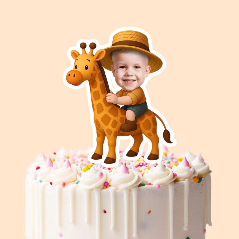 Custom Giraffe Safari Rider Dark Green Shorts Face Cutout – Cake Topper Custom Giraffe Safari Rider Dark Green Shorts Face Cutout shown on a cake topper mockup
