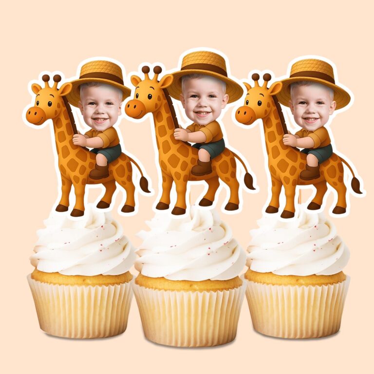 Custom Giraffe Safari Rider Dark Green Shorts Face Cutout – Cupcake Topper Custom Giraffe Safari Rider Dark Green Shorts Face Cutout shown on a cupcake topper mockup