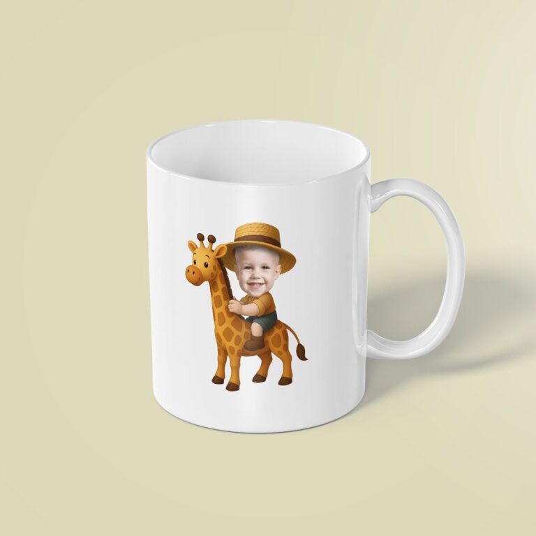 Custom Giraffe Safari Rider Dark Green Shorts Face Cutout – Mug Custom Giraffe Safari Rider Dark Green Shorts Face Cutout shown on a mug mockup