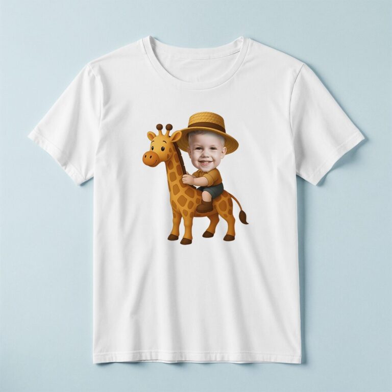 Custom Giraffe Safari Rider Dark Green Shorts Face Cutout – T-shirt Custom Giraffe Safari Rider Dark Green Shorts Face Cutout shown on a T-shirt mockup