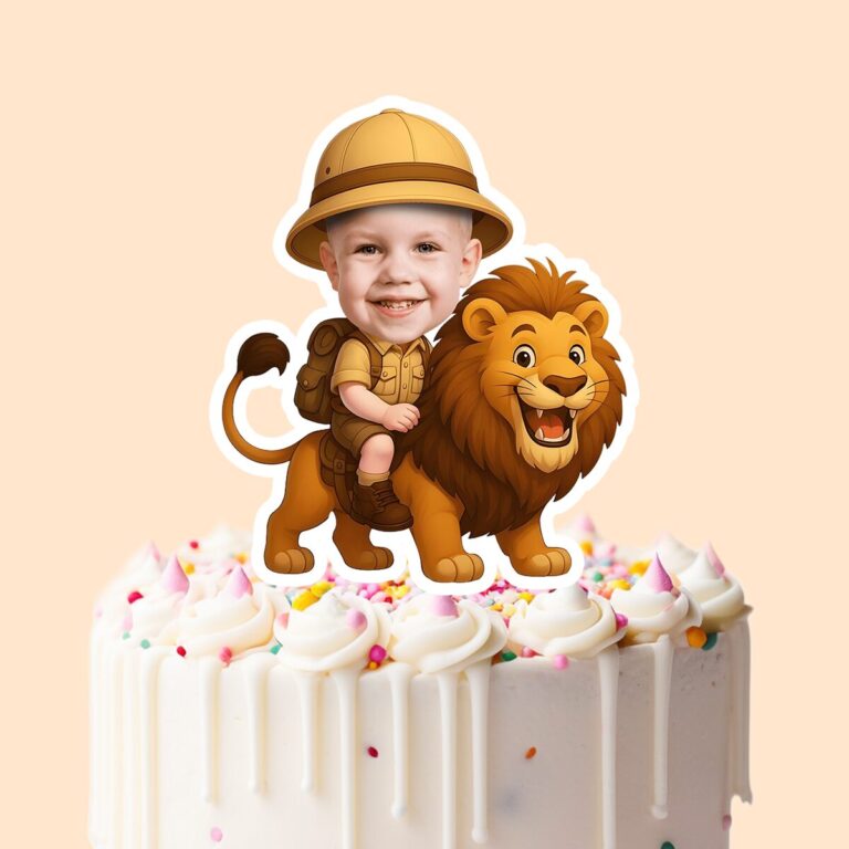 Custom Lion Safari Rider Seated on the Lion Face Cutout – Cake Topper Custom Lion Safari Rider Seated on the Lion Face Cutout shown on a cake topper mockup